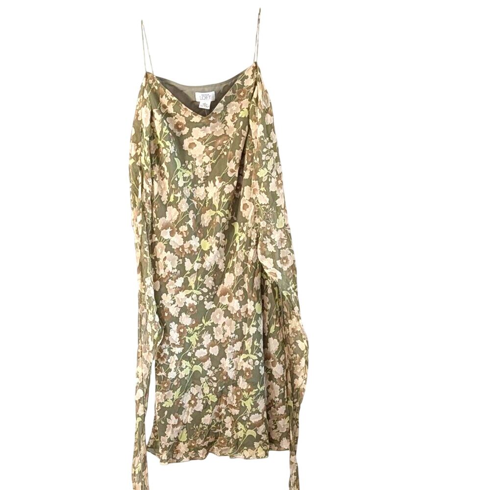 LOFT 100% Silk Floral Tie Wrap Midi Dress Size 6 Olive Green Botanical Floral